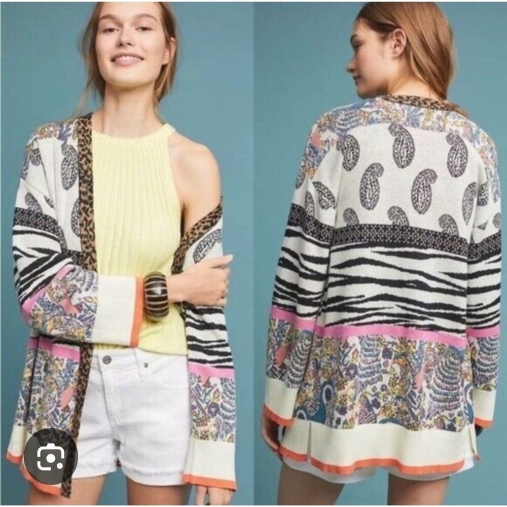 By Anthropologie Long Cardigan Sweater Womens Small Multicolored Print Open